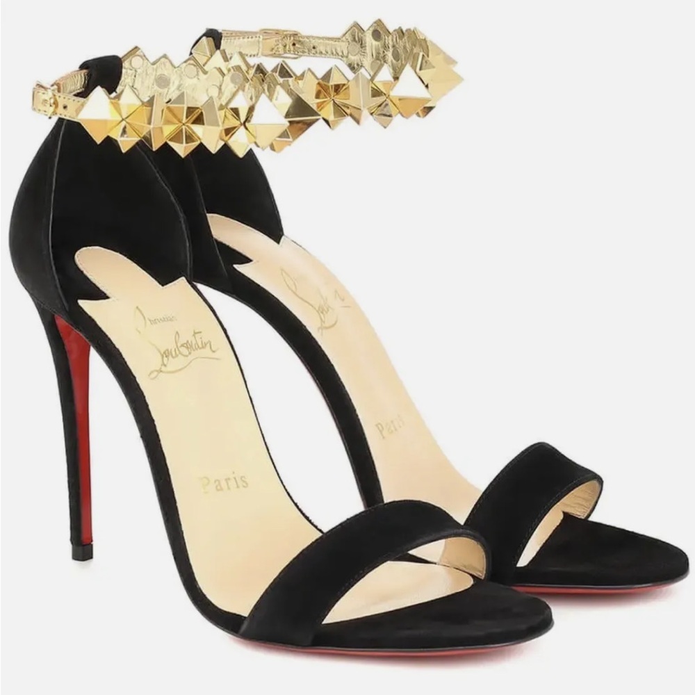 Christian Louboutin Planetava Black/Gold Stud Embellished Ankle | Size 37.5